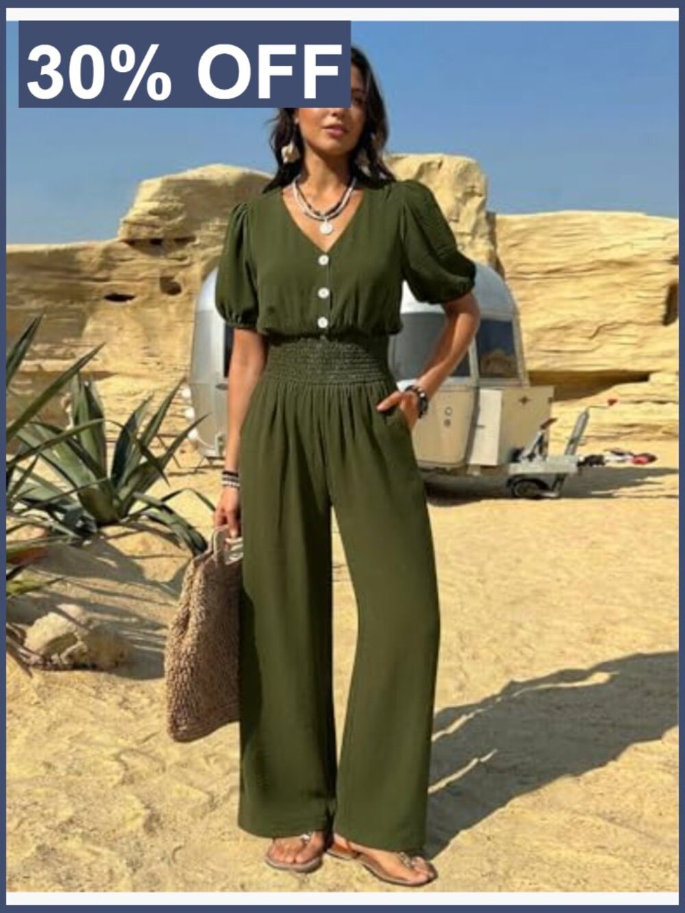 Short Sleeve V Neck Wide Leg Jumpsuit Romper One Piece Outfit - Picture 6 of 7